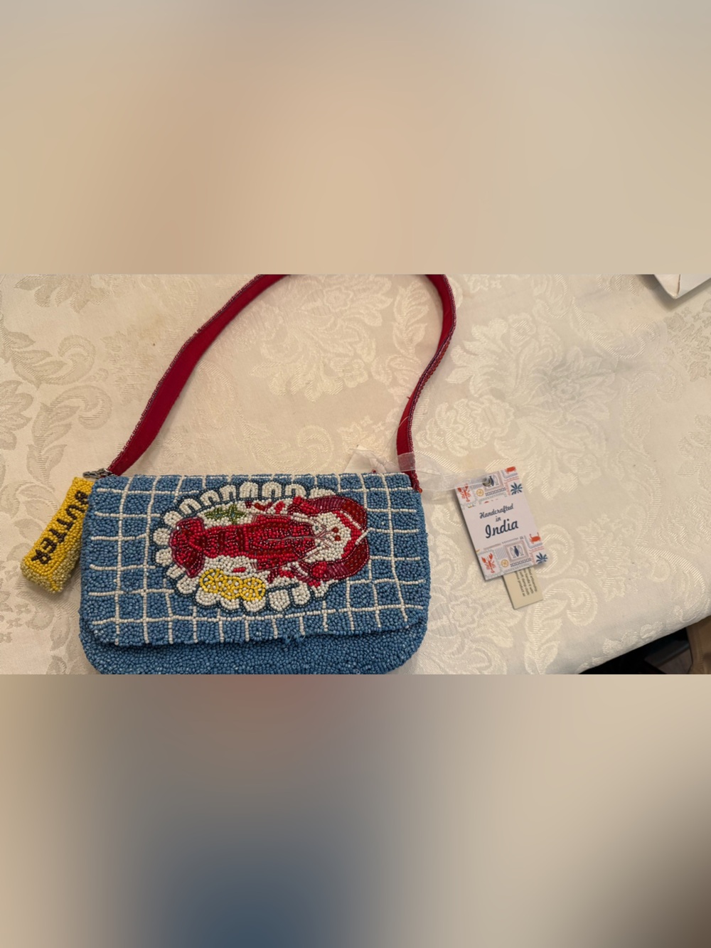 Beaded Blue Shoulder Bag with Red Strap and Lobster Motif